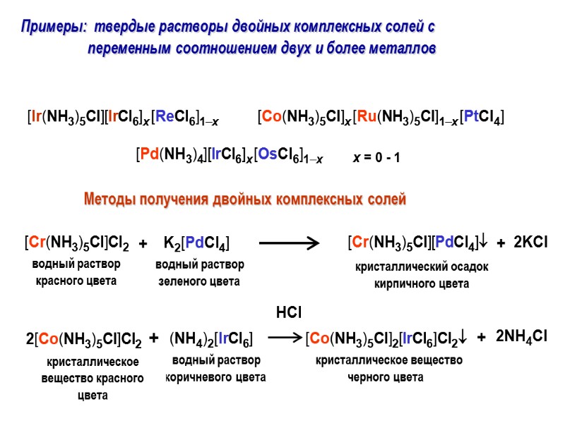 Примеры:  твердые растворы двойных комплексных солей с  переменным соотношением двух и более